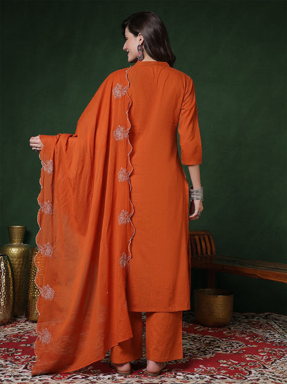 Cotton Calf Length Solid 3/4 Sleeves Mandarin Straight Kurta Suit Set With Dupatta