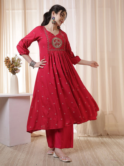Rayon Calf Length Printed 3/4 Sleeves Round Neck Flared Kurta Suit Set With Dupatta