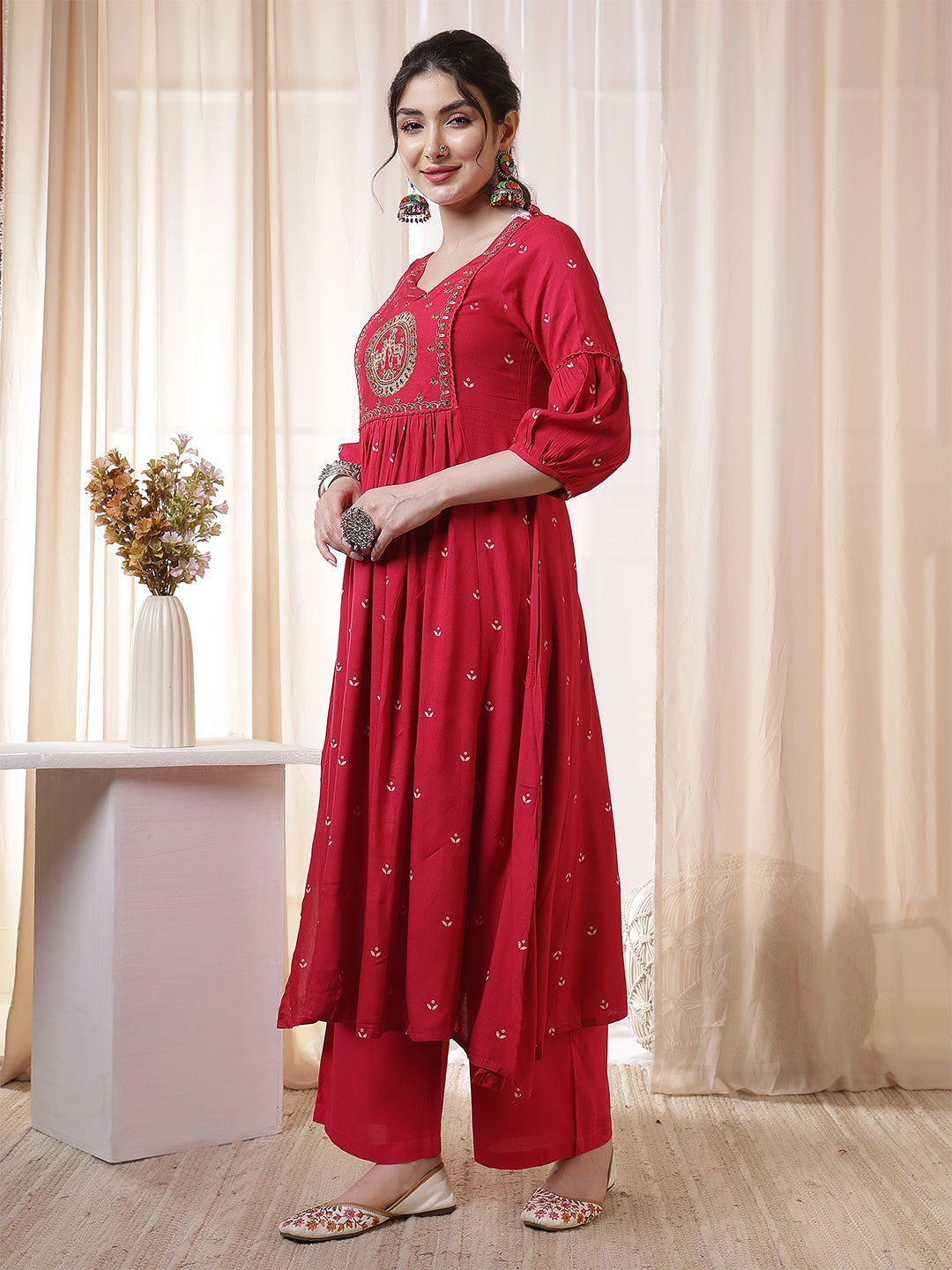 Rayon Calf Length Printed 3/4 Sleeves Round Neck Flared Kurta Suit Set With Dupatta