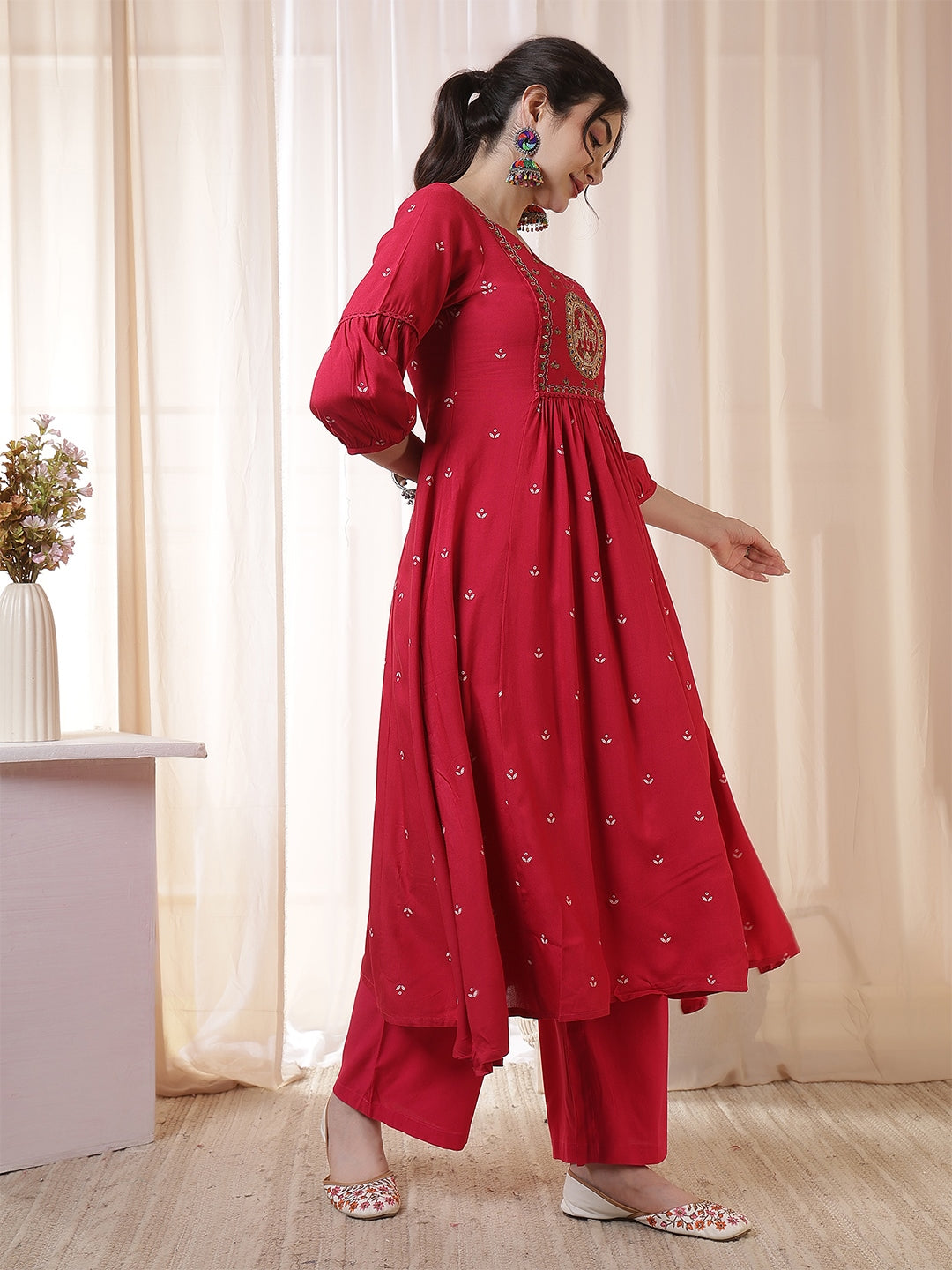 Rayon Calf Length Printed 3/4 Sleeves Round Neck Flared Kurta Suit Set With Dupatta (Preorder)