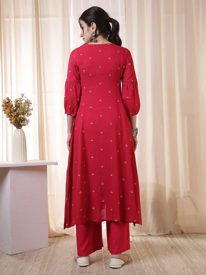 Rayon Calf Length Printed 3/4 Sleeves Round Neck Flared Kurta Suit Set With Dupatta