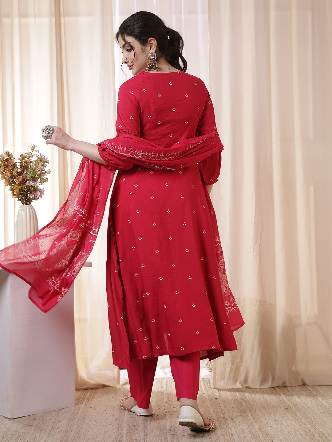Rayon Calf Length Printed 3/4 Sleeves Round Neck Flared Kurta Suit Set With Dupatta