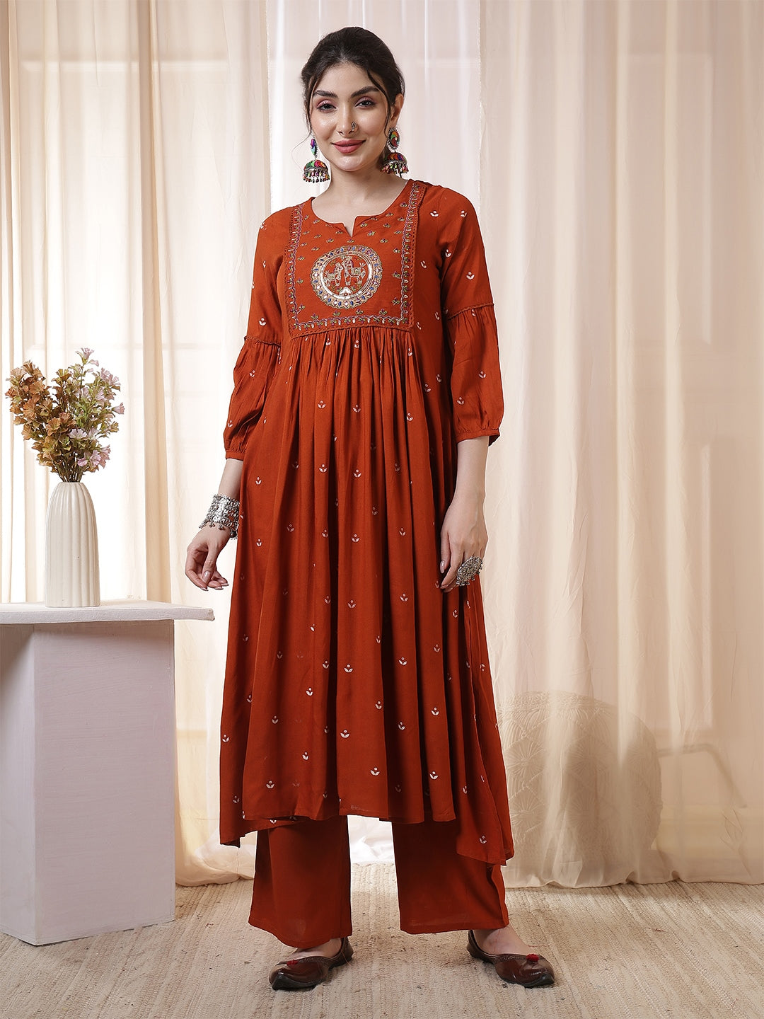Rayon Calf Length Printed 3/4 Sleeves Round Neck Flared Kurta Suit Set With Dupatta