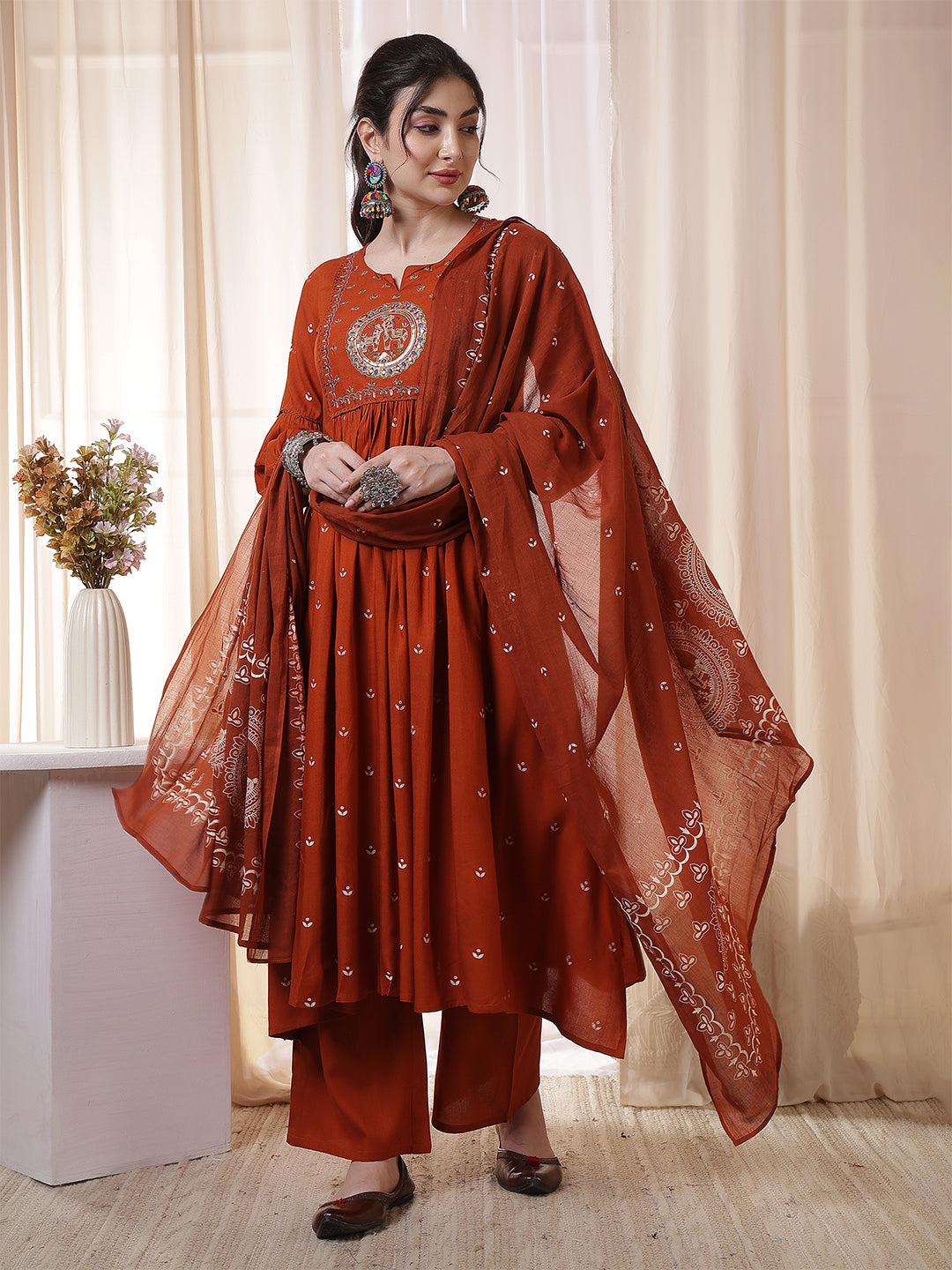Rayon Calf Length Printed 3/4 Sleeves Round Neck Flared Kurta Suit Set With Dupatta