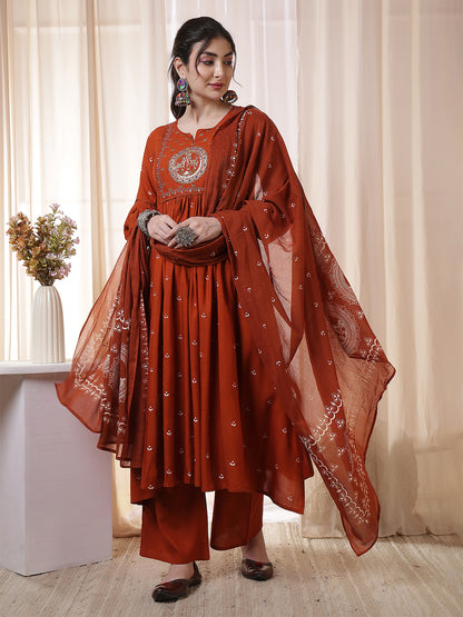 Rayon Calf Length Printed 3/4 Sleeves Round Neck Flared Kurta Suit Set With Dupatta