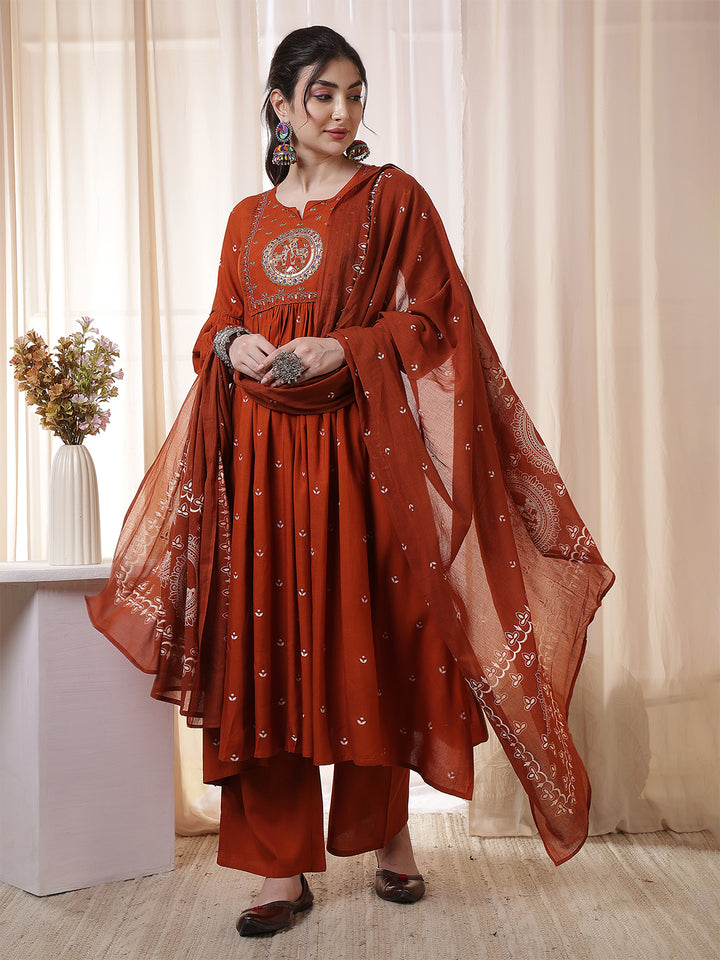 Kimayra rust rayon printed kurta suit set – wholesale supplier