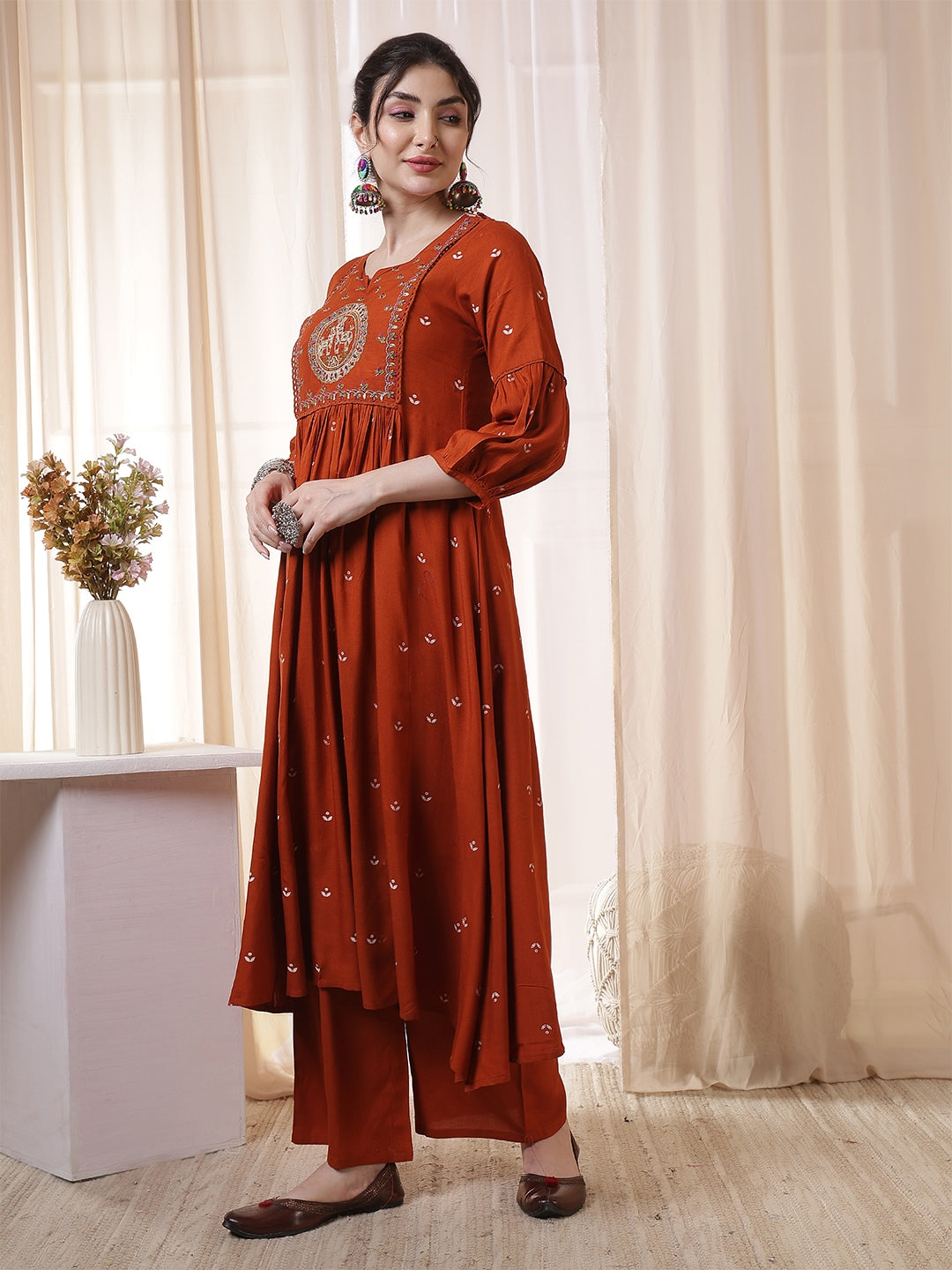 Rayon Calf Length Printed 3/4 Sleeves Round Neck Flared Kurta Suit Set With Dupatta (Preorder)