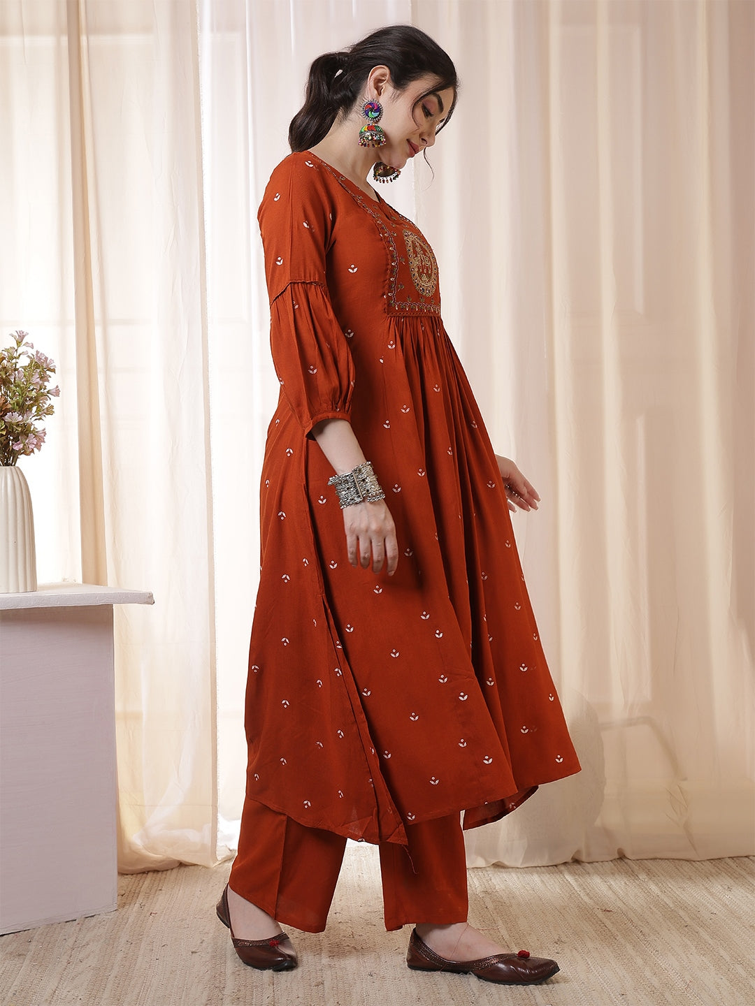 Rayon Calf Length Printed 3/4 Sleeves Round Neck Flared Kurta Suit Set With Dupatta (Preorder)