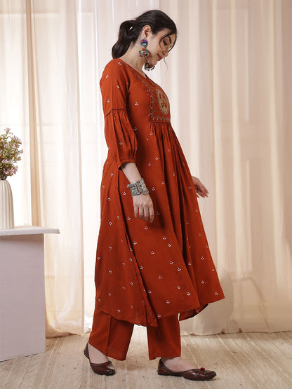 Rayon Calf Length Printed 3/4 Sleeves Round Neck Flared Kurta Suit Set With Dupatta