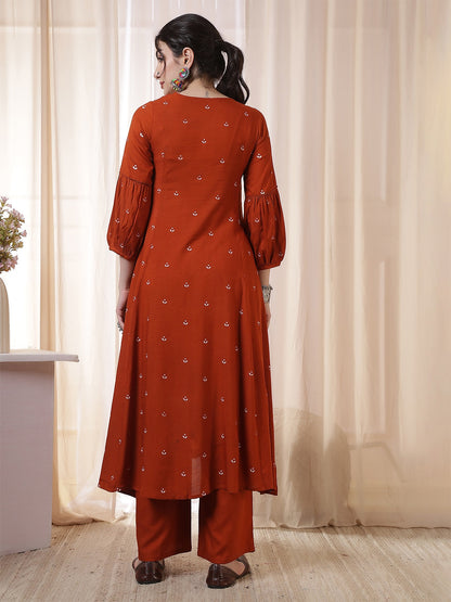 Rayon Calf Length Printed 3/4 Sleeves Round Neck Flared Kurta Suit Set With Dupatta