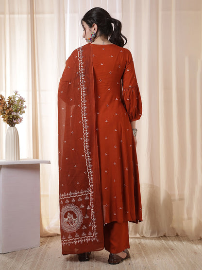 Rayon Calf Length Printed 3/4 Sleeves Round Neck Flared Kurta Suit Set With Dupatta