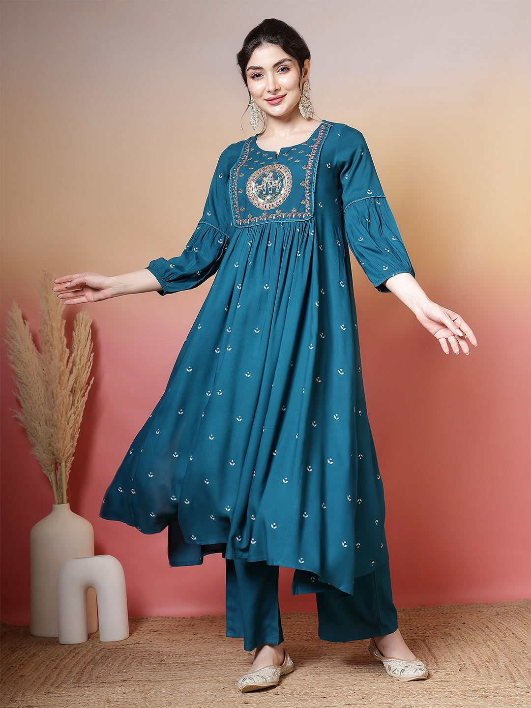 Rayon Calf Length Printed 3/4 Sleeves Round Neck Flared Kurta Suit Set With Dupatta