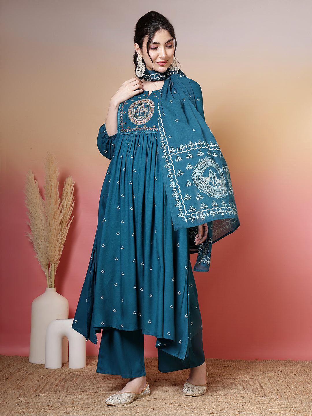 Kimayra turquoise rayon printed kurta suit set wholesale manufacturer & exporter from India