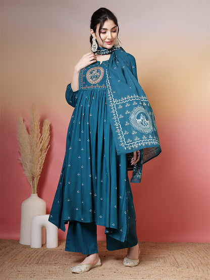 Kimayra turquoise rayon printed kurta suit set wholesale manufacturer & exporter from India