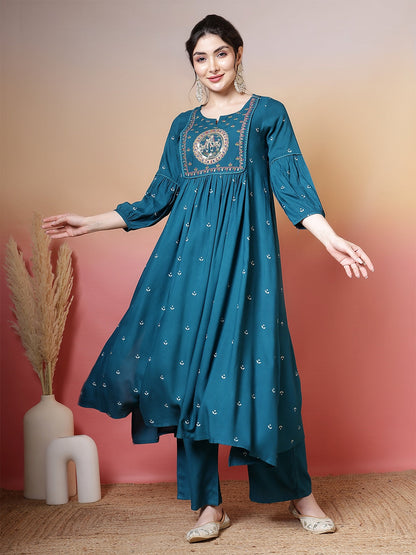 Rayon Calf Length Printed 3/4 Sleeves Round Neck Flared Kurta Suit Set With Dupatta (Preorder)