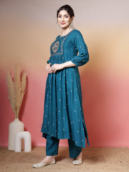 Rayon Calf Length Printed 3/4 Sleeves Round Neck Flared Kurta Suit Set With Dupatta
