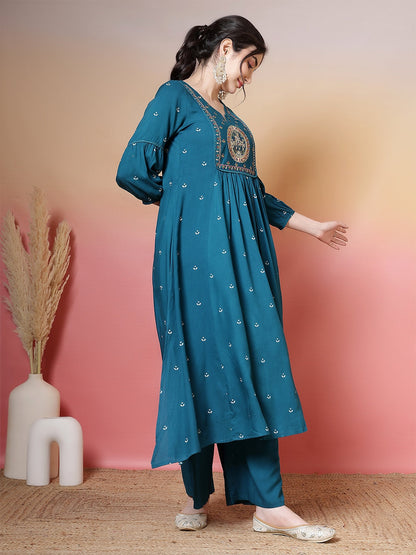 Rayon Calf Length Printed 3/4 Sleeves Round Neck Flared Kurta Suit Set With Dupatta