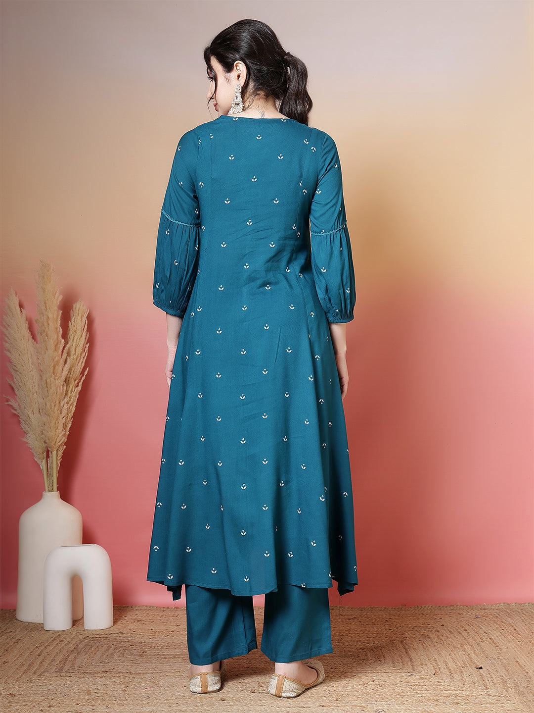 Rayon Calf Length Printed 3/4 Sleeves Round Neck Flared Kurta Suit Set With Dupatta