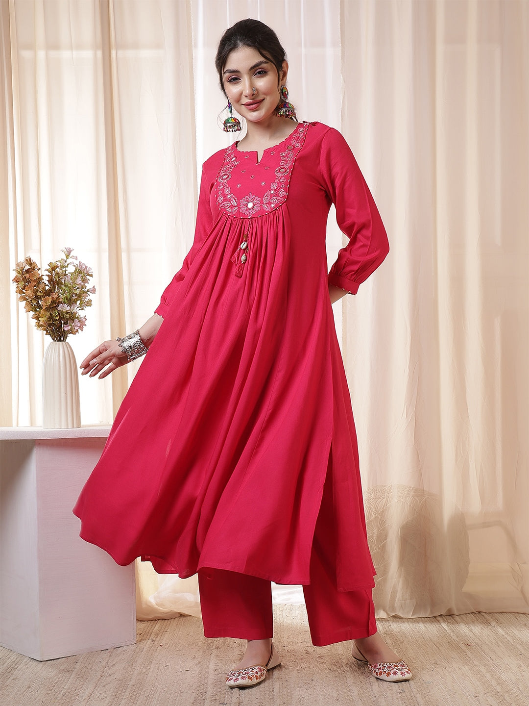Rayon Calf Length Solid 3/4 Sleeves Round Neck Flared Kurta Suit Set With Dupatta (Preorder)