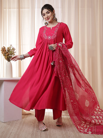 Rayon Calf Length Solid 3/4 Sleeves Round Neck Flared Kurta Suit Set With Dupatta