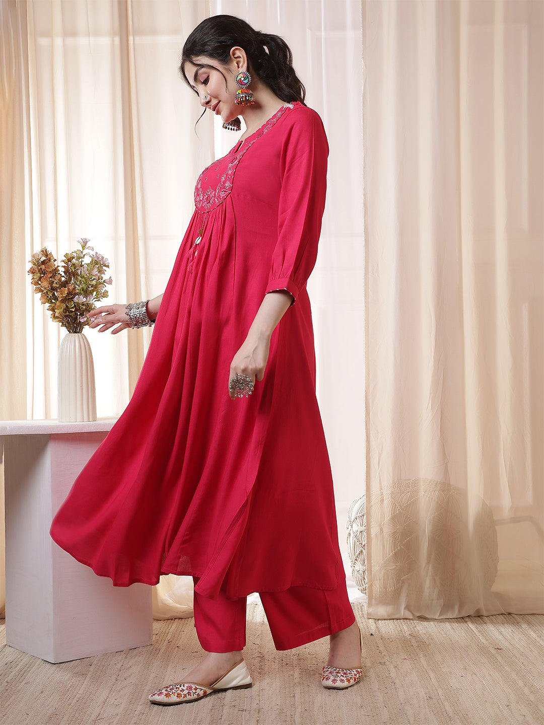 Rayon Calf Length Solid 3/4 Sleeves Round Neck Flared Kurta Suit Set With Dupatta (Preorder)