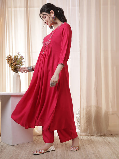 Rayon Calf Length Solid 3/4 Sleeves Round Neck Flared Kurta Suit Set With Dupatta (Preorder)