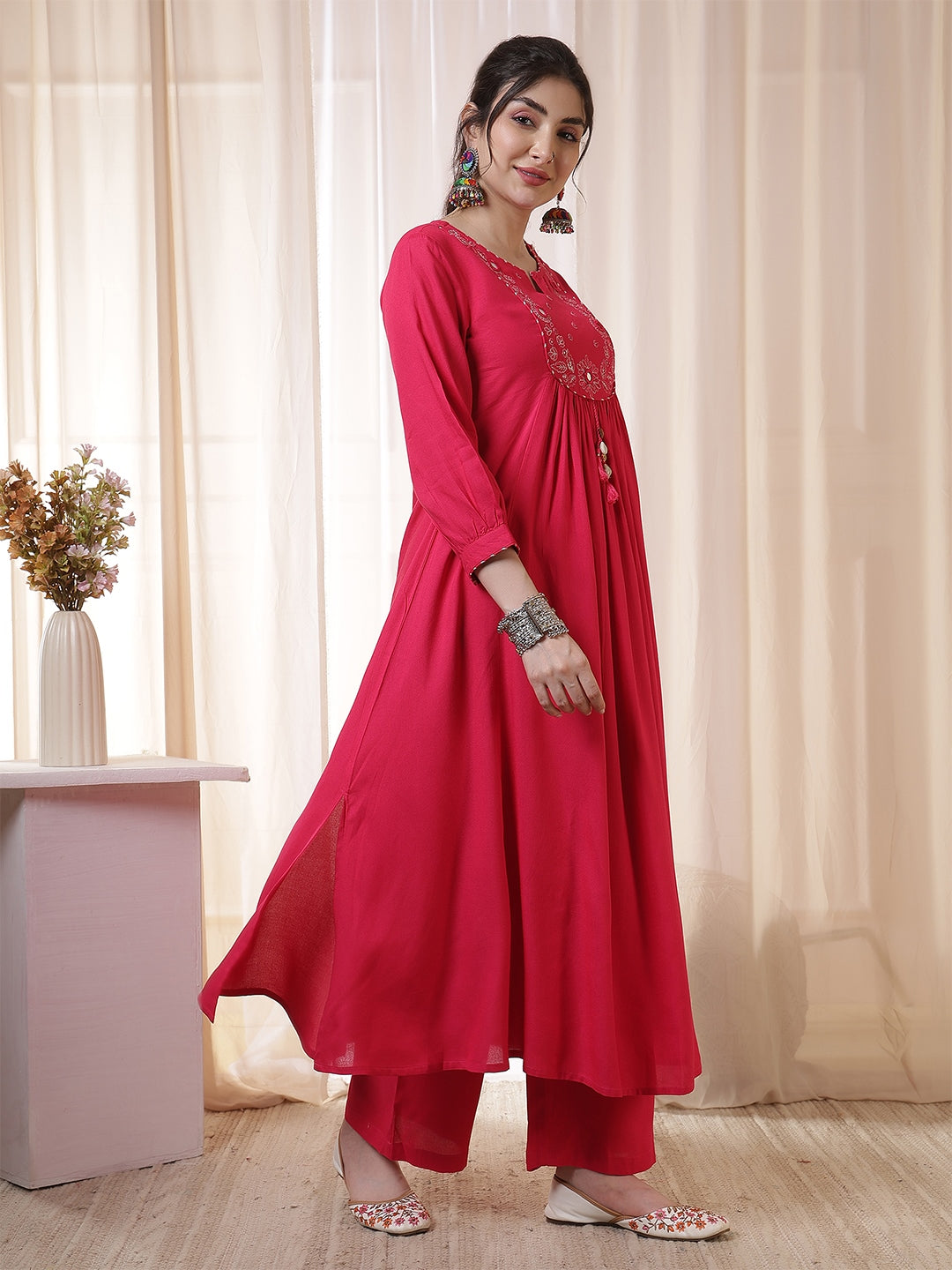 Rayon Calf Length Solid 3/4 Sleeves Round Neck Flared Kurta Suit Set With Dupatta (Preorder)