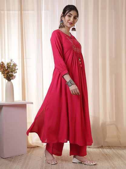 Rayon Calf Length Solid 3/4 Sleeves Round Neck Flared Kurta Suit Set With Dupatta (Preorder)