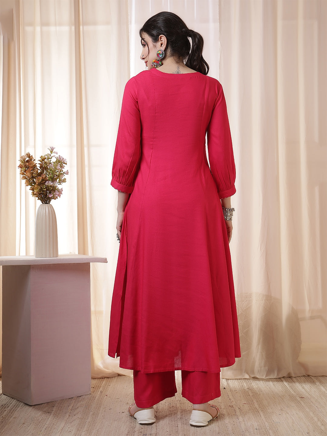 Rayon Calf Length Solid 3/4 Sleeves Round Neck Flared Kurta Suit Set With Dupatta (Preorder)