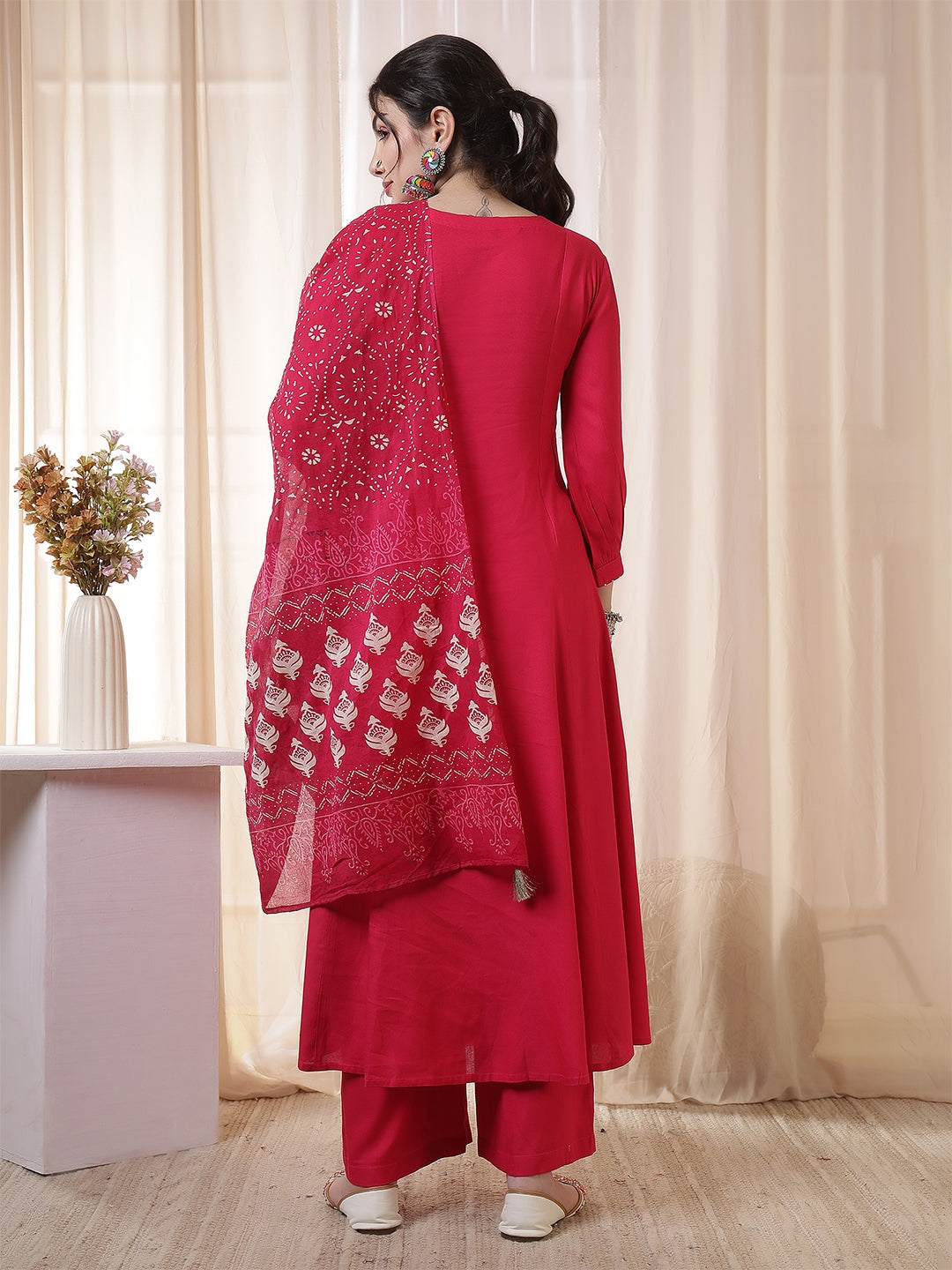 Rayon Calf Length Solid 3/4 Sleeves Round Neck Flared Kurta Suit Set With Dupatta