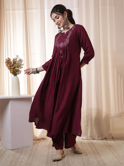 Rayon Calf Length Solid 3/4 Sleeves Round Neck Flared Kurta Suit Set With Dupatta