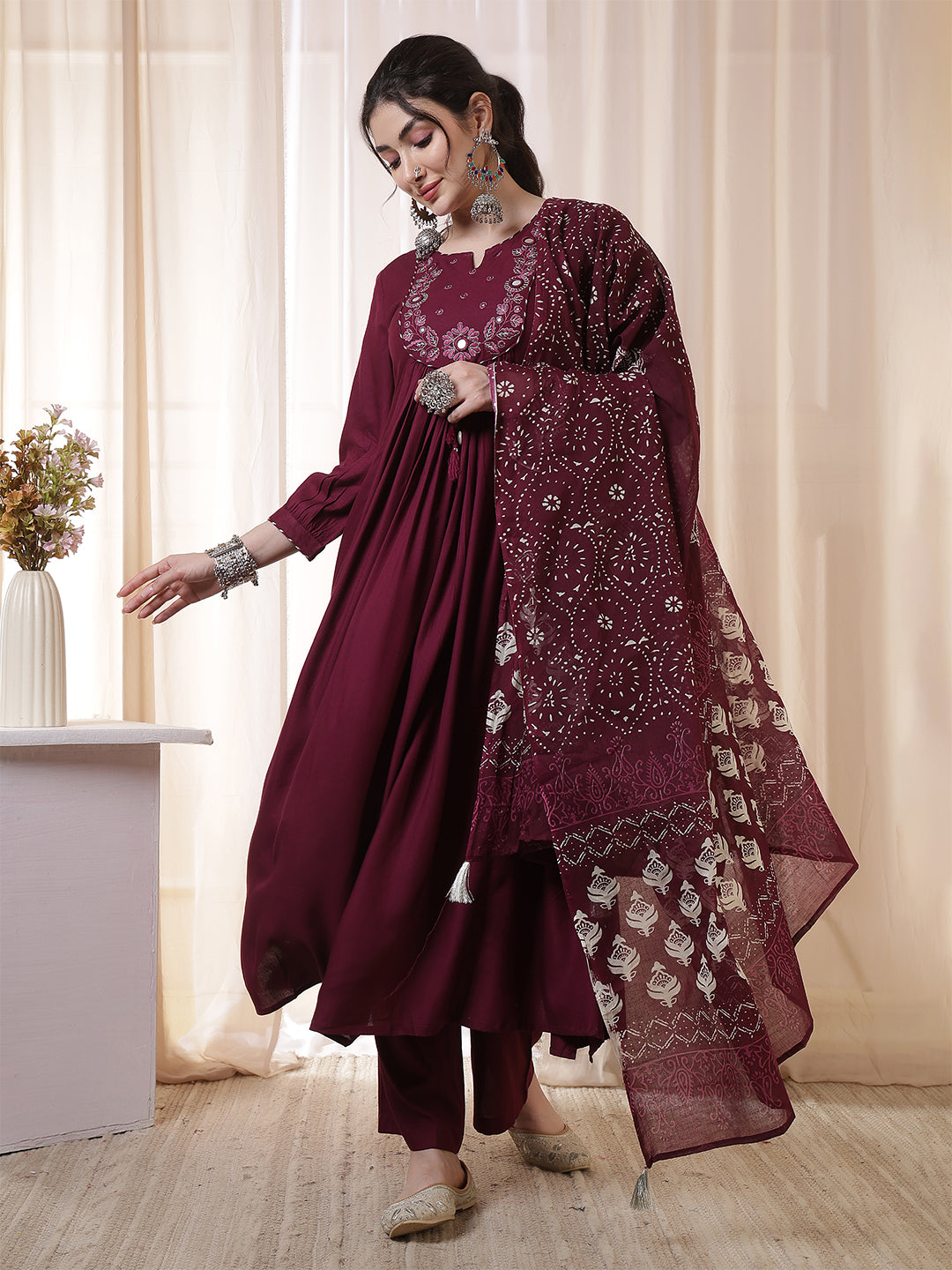 Rayon Calf Length Solid 3/4 Sleeves Round Neck Flared Kurta Suit Set With Dupatta (Preorder)