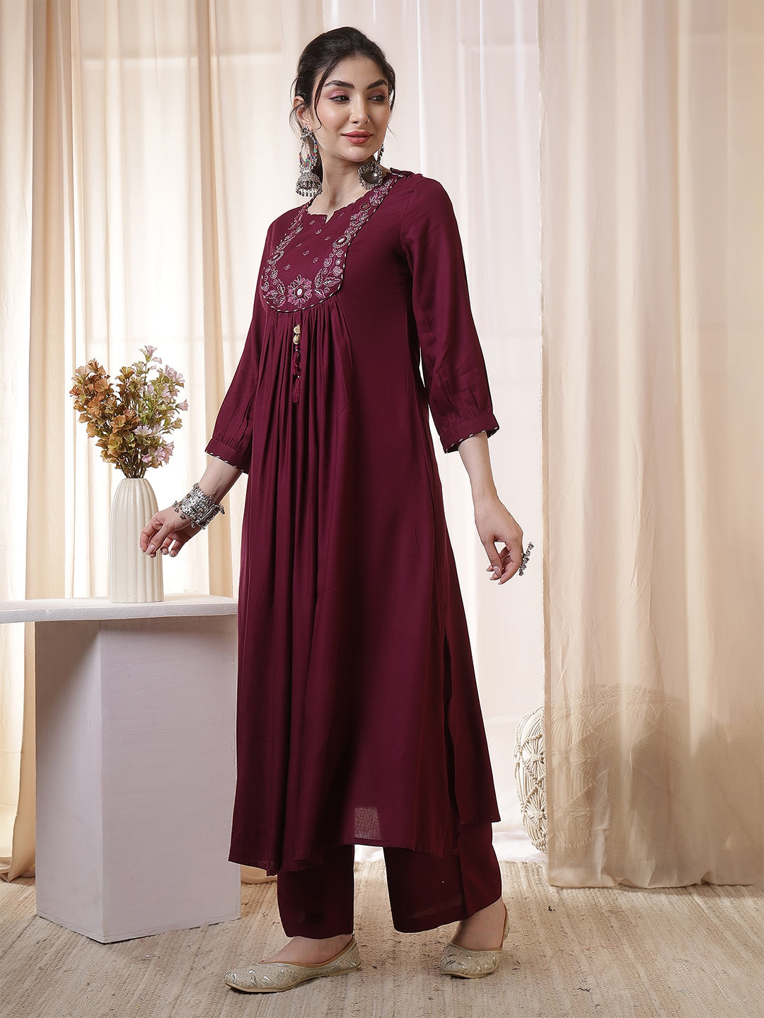 Rayon Calf Length Solid 3/4 Sleeves Round Neck Flared Kurta Suit Set With Dupatta