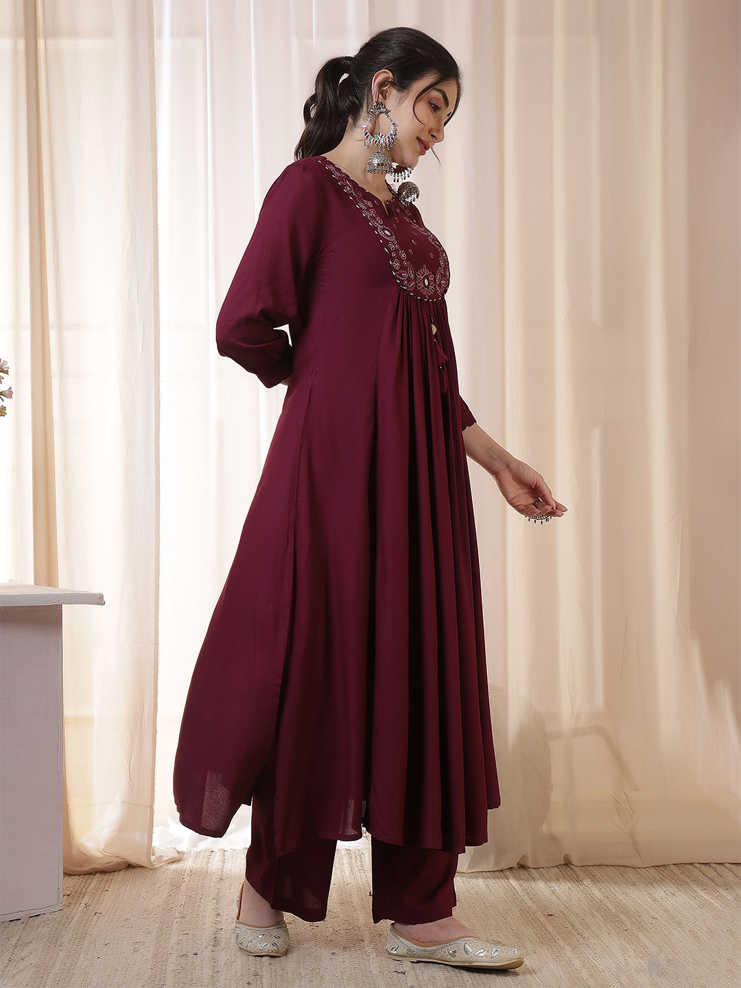 Rayon Calf Length Solid 3/4 Sleeves Round Neck Flared Kurta Suit Set With Dupatta