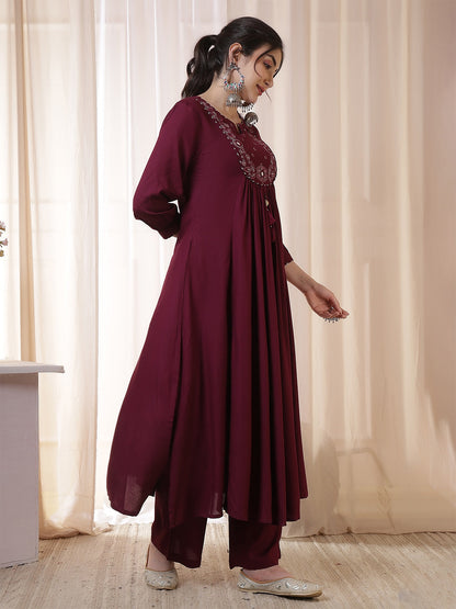 Rayon Calf Length Solid 3/4 Sleeves Round Neck Flared Kurta Suit Set With Dupatta