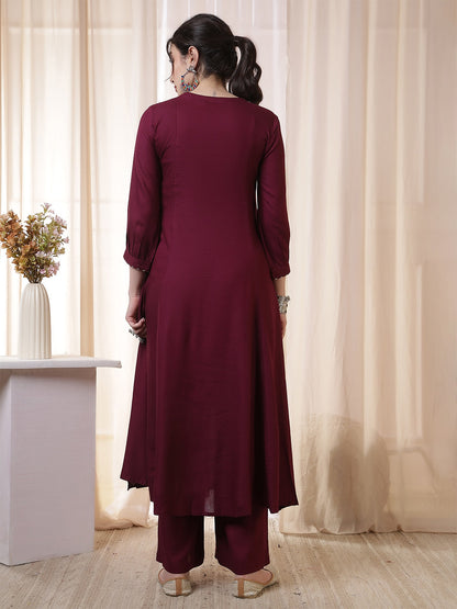 Rayon Calf Length Solid 3/4 Sleeves Round Neck Flared Kurta Suit Set With Dupatta