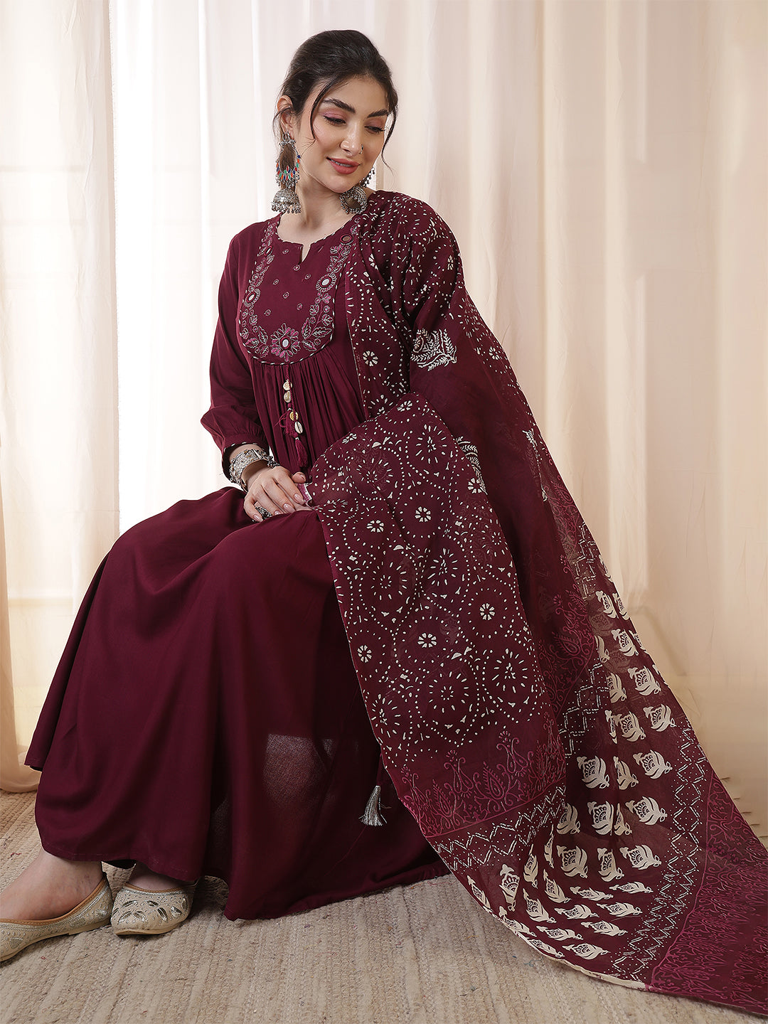 Rayon Calf Length Solid 3/4 Sleeves Round Neck Flared Kurta Suit Set With Dupatta (Preorder)