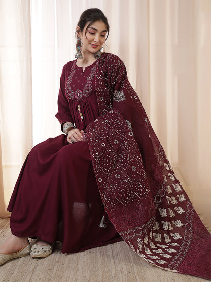 Rayon Calf Length Solid 3/4 Sleeves Round Neck Flared Kurta Suit Set With Dupatta (Preorder)