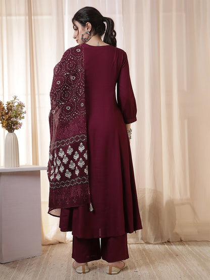 Rayon Calf Length Solid 3/4 Sleeves Round Neck Flared Kurta Suit Set With Dupatta