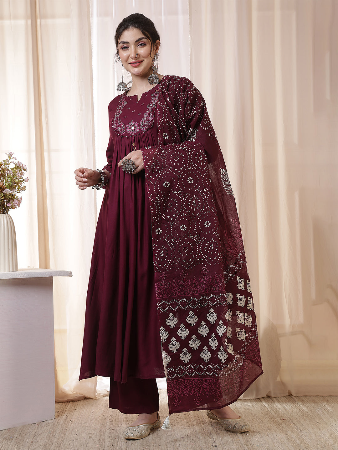 Rayon Calf Length Solid 3/4 Sleeves Round Neck Flared Kurta Suit Set With Dupatta