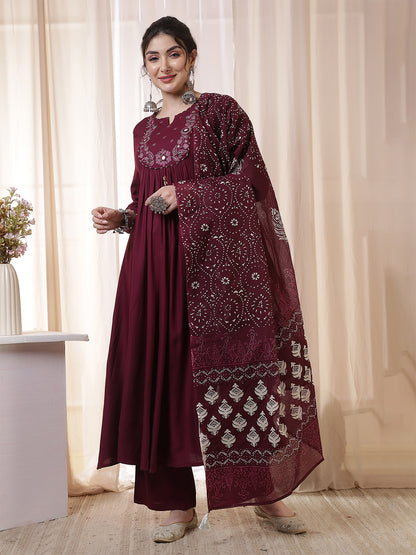 Rayon Calf Length Solid 3/4 Sleeves Round Neck Flared Kurta Suit Set With Dupatta