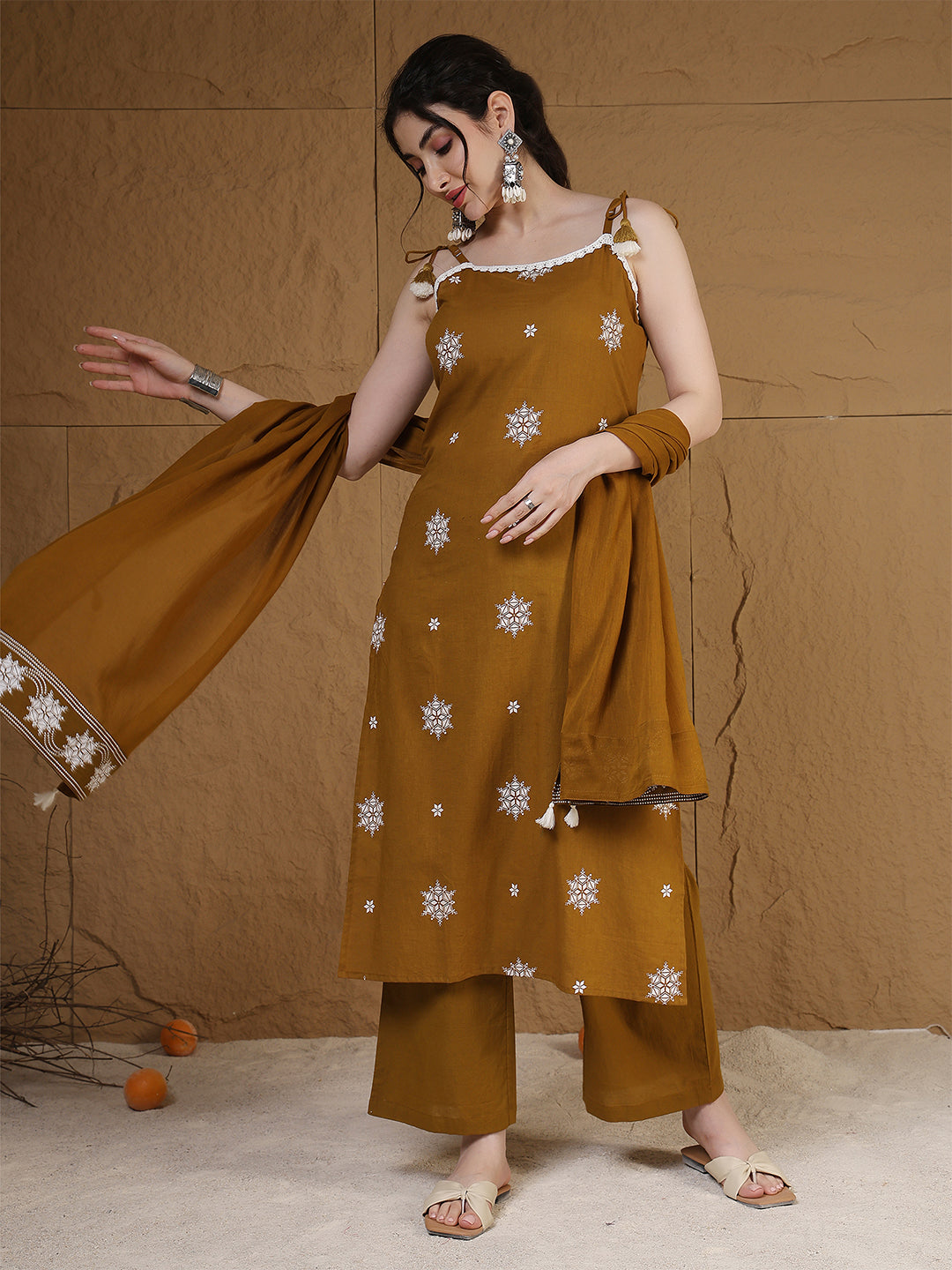 Rayon Calf Length Printed Sleeveless Round Neck Straight Kurta Suit Set With Dupatta