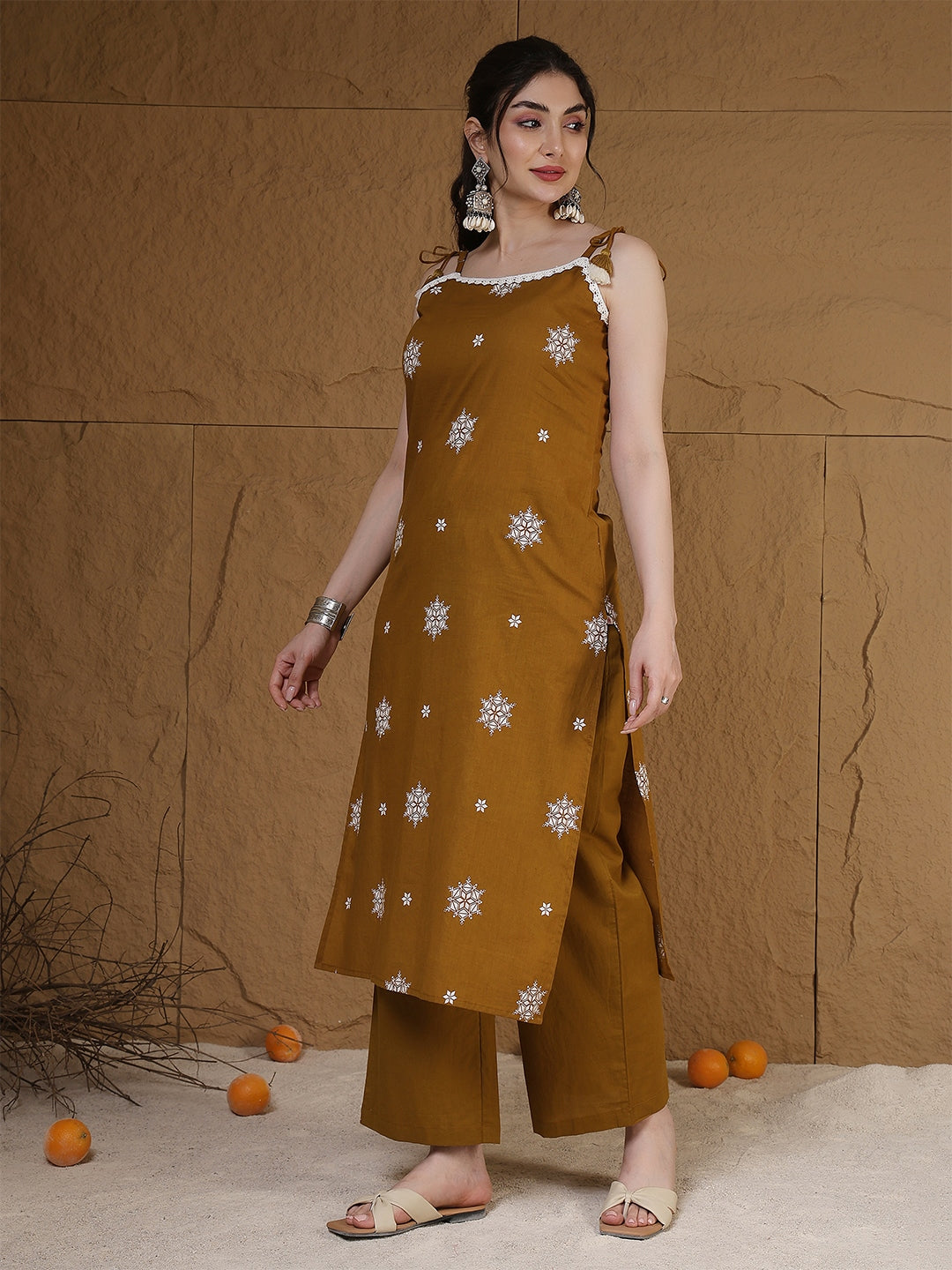 Rayon Calf Length Printed Sleeveless Round Neck Straight Kurta Suit Set With Dupatta