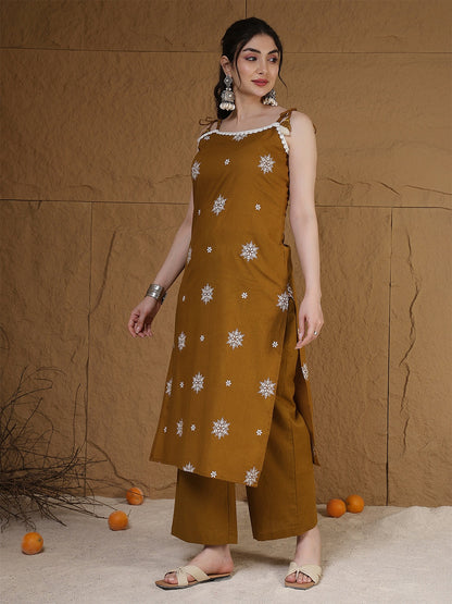 Rayon Calf Length Printed Sleeveless Round Neck Straight Kurta Suit Set With Dupatta
