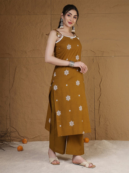 Rayon Calf Length Printed Sleeveless Round Neck Straight Kurta Suit Set With Dupatta (Preorder)