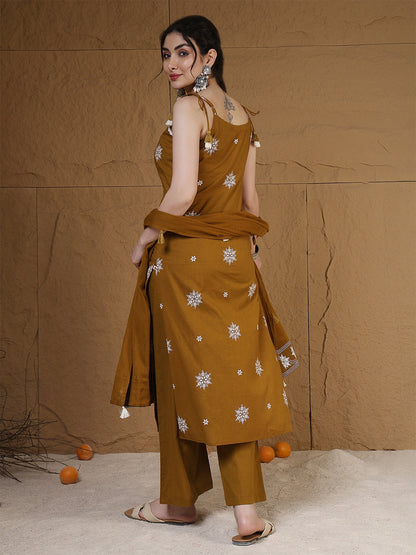 Rayon Calf Length Printed Sleeveless Round Neck Straight Kurta Suit Set With Dupatta