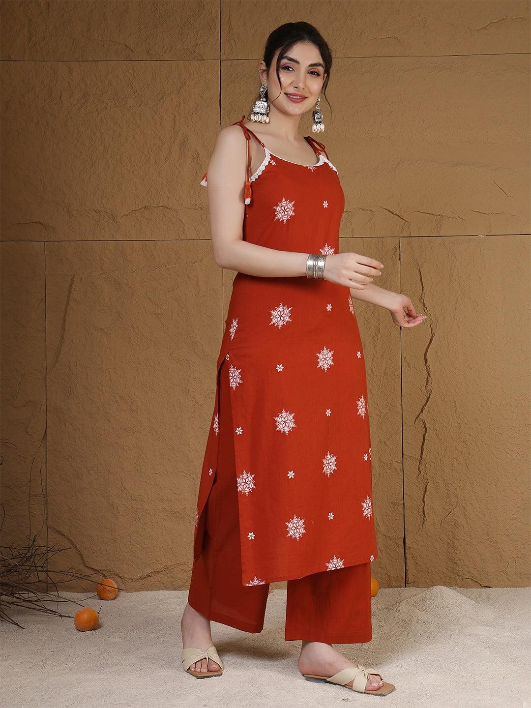 Rayon Calf Length Printed Sleeveless Round Neck Straight Kurta Suit Set With Dupatta (Preorder)
