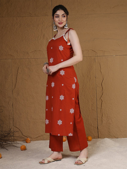Rayon Calf Length Printed Sleeveless Round Neck Straight Kurta Suit Set With Dupatta