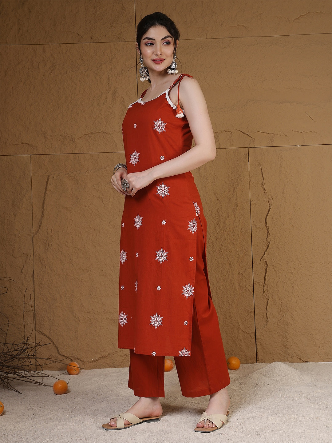 Rayon Calf Length Printed Sleeveless Round Neck Straight Kurta Suit Set With Dupatta (Preorder)