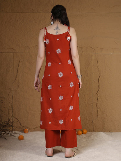 Rayon Calf Length Printed Sleeveless Round Neck Straight Kurta Suit Set With Dupatta (Preorder)